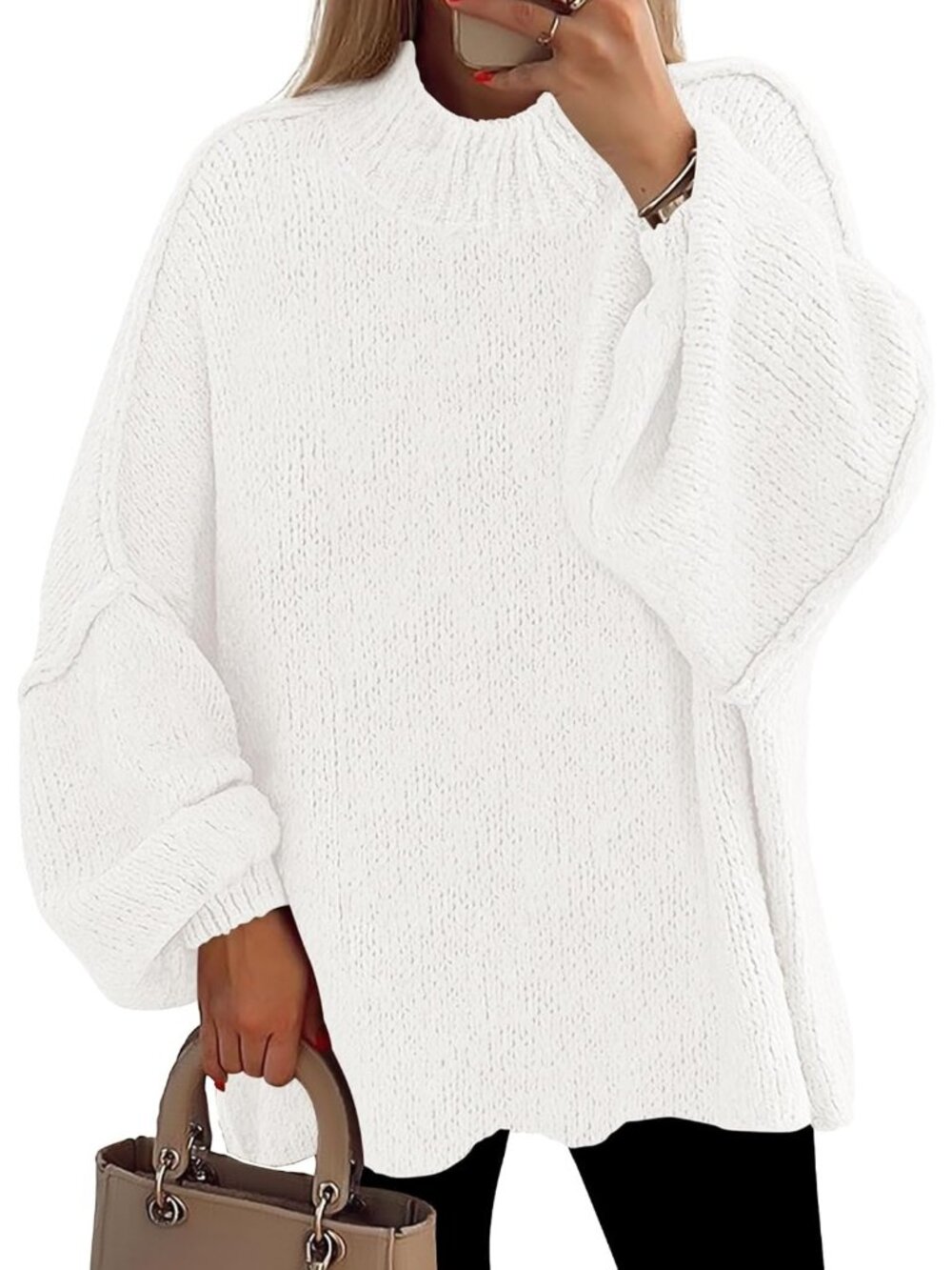 Women White Cozy Oversized Mock Neck Drop Shoulder Chunky Knit Slouchy Sweater